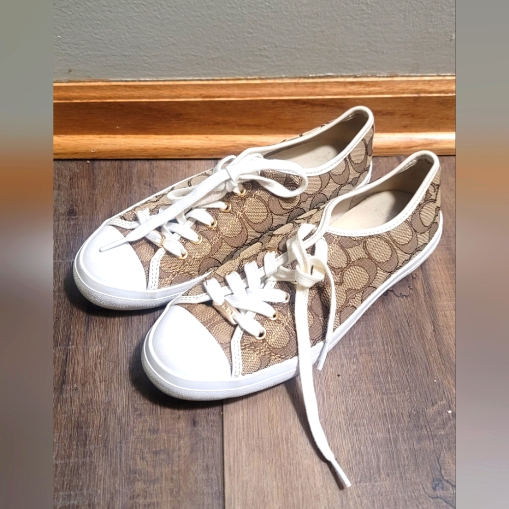 Coach Sneakers Womens 8 Empire Brown White Signature Logo Lace Up Tennis Shoes